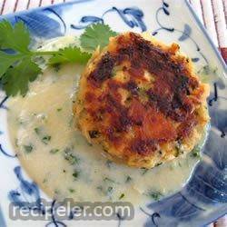 asian salmon cakes with creamy miso and sake sauce