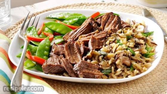 Beef with Spring Vegetables and Mushroom-Asparagus Rice