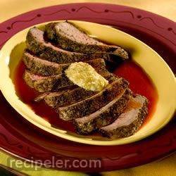 Bloody Mary Steaks with Green Olive Butter