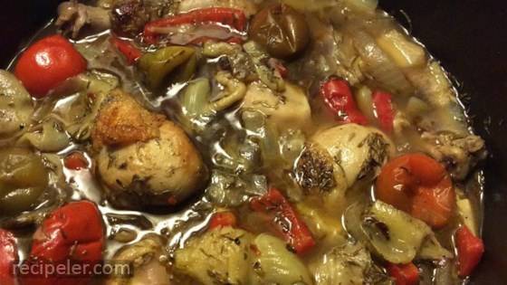 Braised Chicken and Artichoke Hearts with Lemon, Cherry Peppers and Thyme