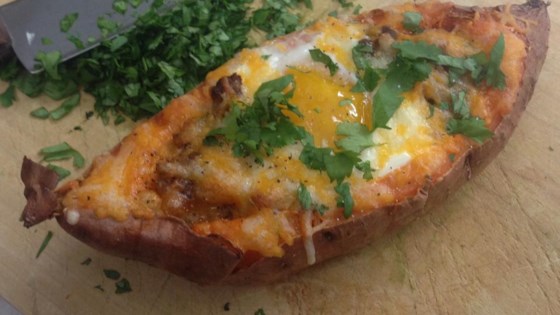 Cheesy Chorizo And Egg Sweet Potato Boats