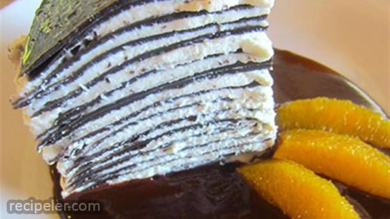 Chocolate Crepe Cake with Salted Chocolate Orange Sauce