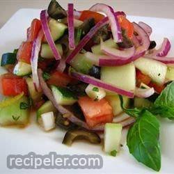 Cucumber Tomato Salad with Zucchini and Black Olives in Lemon Balsamic Vinaigrette