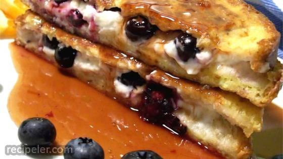 Easy Blueberries And Cream French Toast Sandwich With Orange Maple Syrup