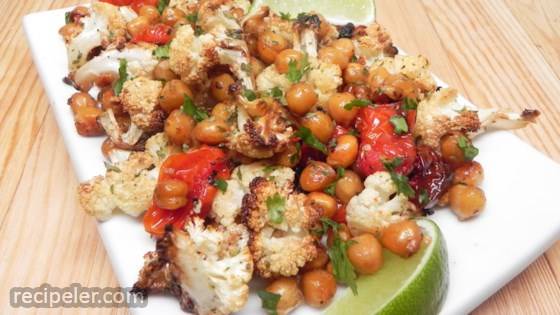 Easy Vegan Sheet Pan Roasted Cauliflower, Tomatoes, and Garbanzo Beans