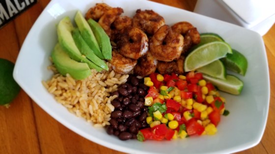 grain bowl with blackened shrimp, avocado, and black beans