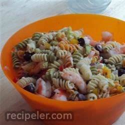 Greek Pasta Salad with Shrimp, Tomatoes, Zucchini, Peppers, and Feta