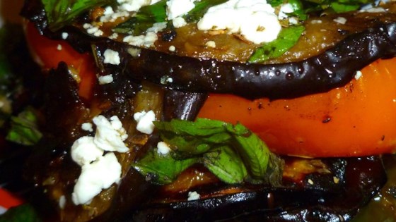grilled eggplant and peppers with feta