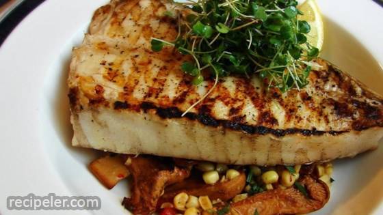 Grilled Halibut Steaks with Corn and Chanterelles