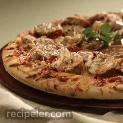 grilled mediterranean greek pizza with sundried tomato chicken sausage