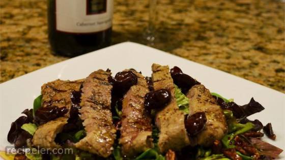 Grilled Peppercorn Steak and Caramelized Pecan Salad with Cabernet-Cherry Vinaigrette