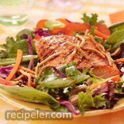 Grilled Salmon, Snap Peas and Spring Mix Salad with Chow Mein Noodles