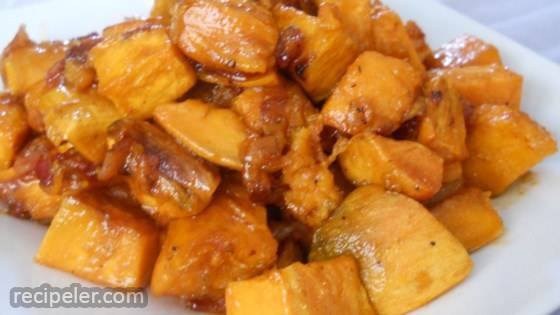 Maple Glazed Sweet Potatoes with Bacon and Caramelized Onions