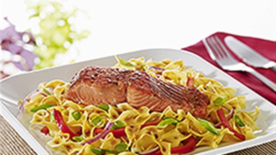 no yolks® maple balsamic glazed salmon with noodles