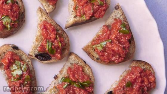Olive Bread Crostini with Red Pepper Spread