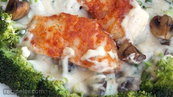Pan-Seared Cod, Broccoli, and Mushrooms with Creamy Alfredo Sauce