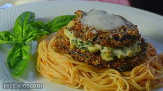 Panko And Beer Battered Eggplant Parmesan Stacks