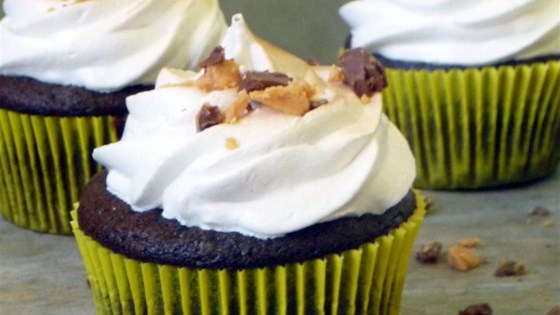 peanut butter cup chocolate cupcakes with toasted peanut butter meringue frosting