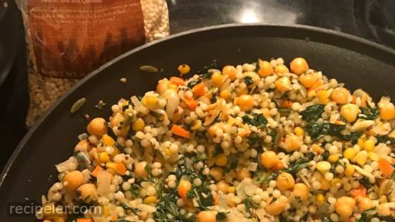 Pearl Couscous with Lentils, Carrots, Spinach, and Corn
