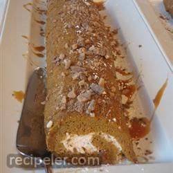 Pumpkin Roll with Toffee Cream Filling and Caramel Sauce