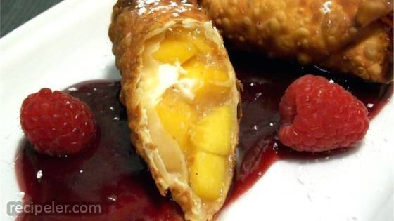 Quick and Easy Peach Pie Egg Rolls with Raspberry Sauce