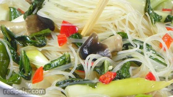 Rice Noodles with Shiitakes, Choy, and Chiles