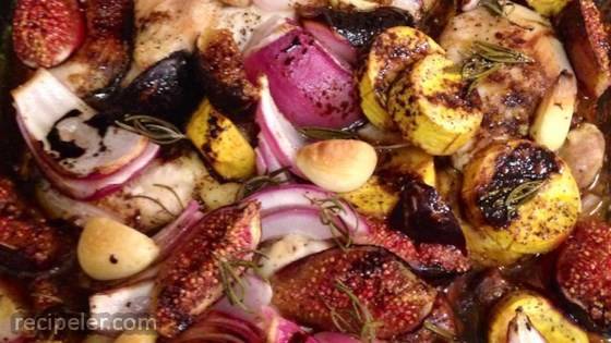 Roast Chicken with Fig, Plantain, and Red Onion