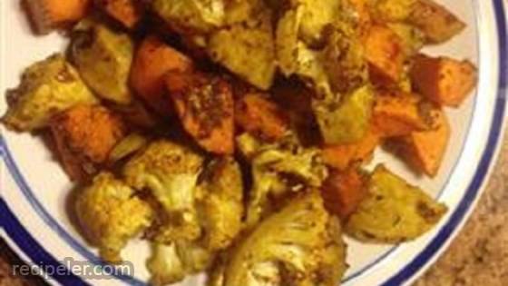 Roasted Curry-Spiced Sweet Potatoes and Cauliflower