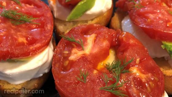 Roasted Tomato, Avocado, and Fresh Mozzarella Crostini