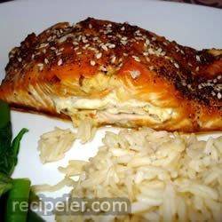 sara's soy marinated and cream cheese-stuffed salmon