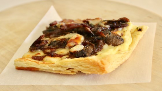savory mushroom, onion, and bacon puff pastry tart