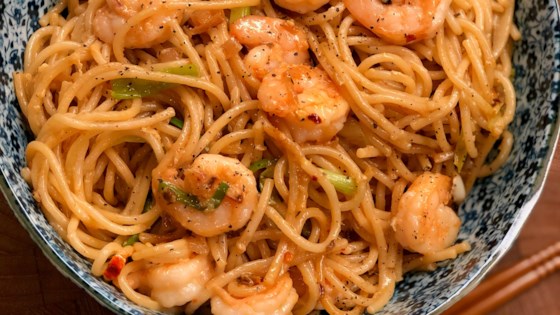 shrimp and noodles with chili crisp sauce
