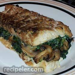 spinach-stuffed flounder with mushrooms and feta