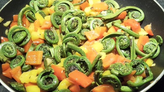 spring fiddleheads and sweet peppers