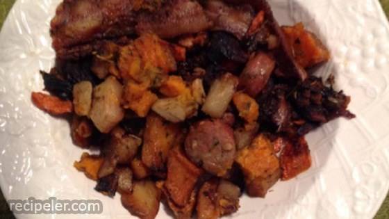 Sunshine's Roasted Winter Vegetables with Chicken-Apple Sausage and Bacon