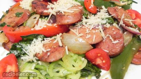 Zucchini Noodles and Summer Vegetables with Sweet Pepper Chicken Sausage
