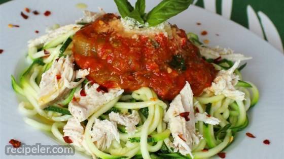 Zucchini Pasta with Roasted Red Pepper Sauce and Chicken