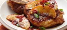 Pan Seared Pork Chops Topped with Brown Sugar Glazed Apples and Bacon