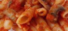 pasta with tomato sauce, sausage, and mushrooms