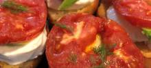 Roasted Tomato, Avocado, and Fresh Mozzarella Crostini