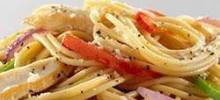 spaghetti with chicken breast, bell peppers and romano cheese
