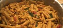 vegan one-pot coconut curry with pasta and vegetables