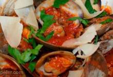Clams and Sausage in Spicy Marinara with Crostini