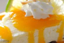 coconut-lime cheesecake with mango coulis