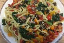 fettuccine with kale and tomato-olive-cream sauce