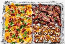 sheet pan nachos, sticky sesame ginger wings, and smashed loaded potatoes from reynolds wrap&#174;