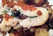 Slashed Sea Bass with Red Onions, Mushrooms, and New Potatoes