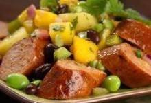 spicy jalapeno chicken sausage with mango, pineapple salsa