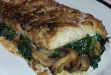 spinach-stuffed flounder with mushrooms and feta