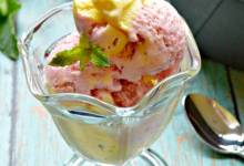 strawberry-mango ce cream with fresh spearmint